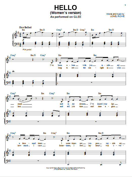 Glee Cast Hello Sheet Music Notes & Chords for Piano, Vocal & Guitar (Right-Hand Melody) - Download or Print PDF