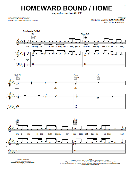 Glee Cast Homeward Bound / Home Sheet Music Notes & Chords for Piano, Vocal & Guitar (Right-Hand Melody) - Download or Print PDF