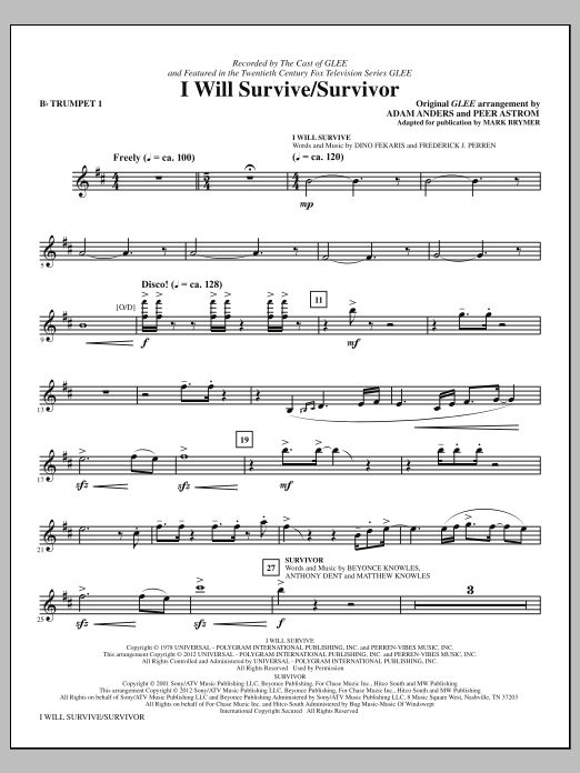 Glee Cast I Will Survive/Survivor (arr. Mark Brymer) - Bb Trumpet 1 Sheet Music Notes & Chords for Choir Instrumental Pak - Download or Print PDF