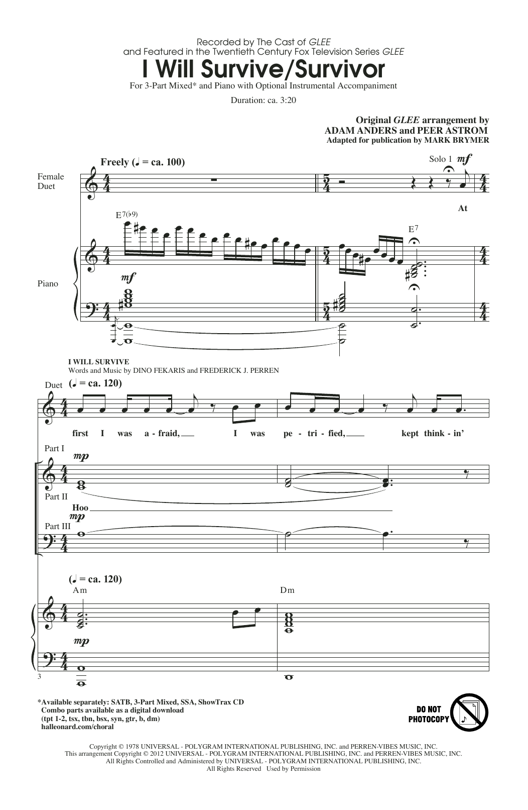 Glee Cast I Will Survive/Survivor (arr. Mark Brymer) Sheet Music Notes & Chords for 3-Part Mixed Choir - Download or Print PDF
