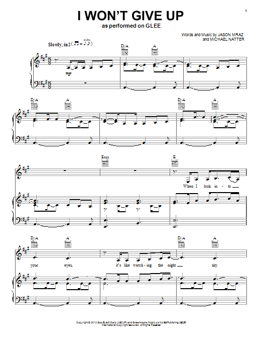 Glee Cast I Won't Give Up Sheet Music Notes & Chords for Piano, Vocal & Guitar (Right-Hand Melody) - Download or Print PDF