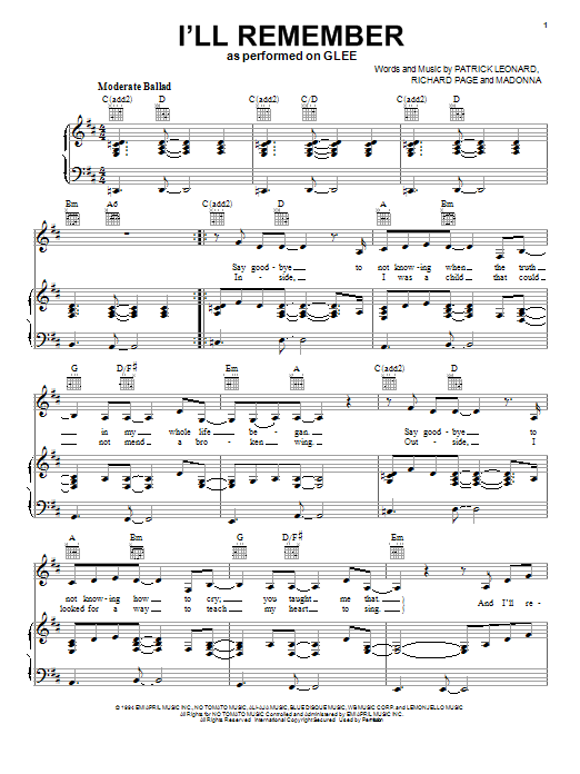 Glee Cast I'll Remember Sheet Music Notes & Chords for Piano, Vocal & Guitar (Right-Hand Melody) - Download or Print PDF