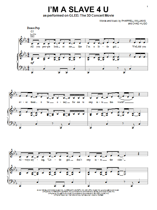 Glee Cast I'm A Slave 4 U Sheet Music Notes & Chords for Piano, Vocal & Guitar (Right-Hand Melody) - Download or Print PDF