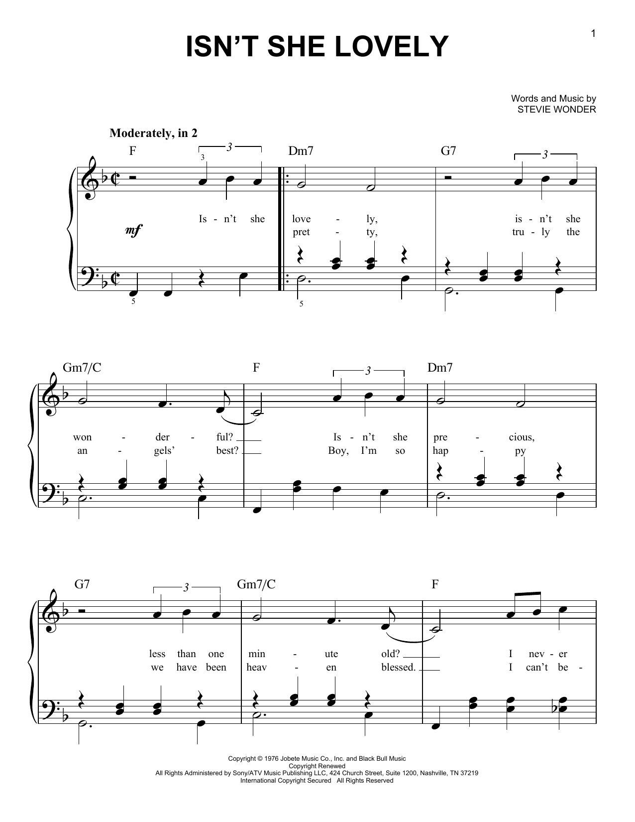 Glee Cast Isn't She Lovely Sheet Music Notes & Chords for Piano, Vocal & Guitar (Right-Hand Melody) - Download or Print PDF