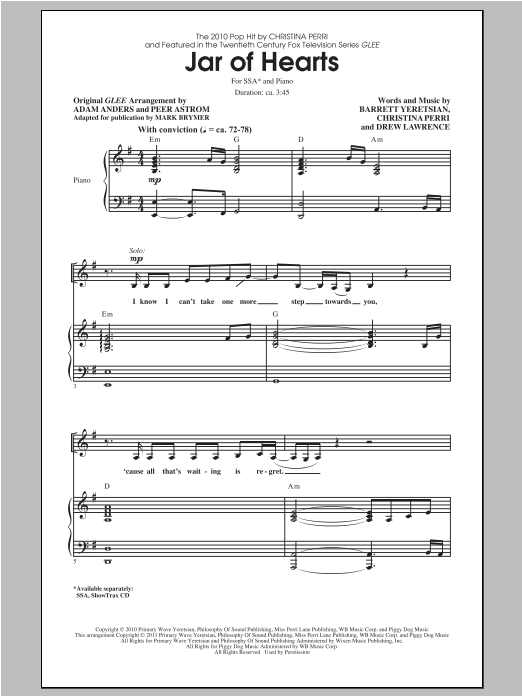 Christina Perri Jar Of Hearts (arr. Mark Brymer) Sheet Music Notes & Chords for SSA - Download or Print PDF