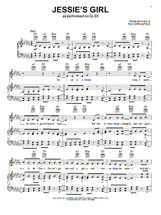 Glee Cast Jessie's Girl Sheet Music Notes & Chords for Piano, Vocal & Guitar (Right-Hand Melody) - Download or Print PDF