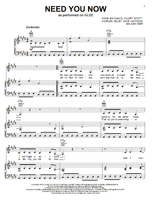 Glee Cast Need You Now Sheet Music Notes & Chords for Easy Piano - Download or Print PDF