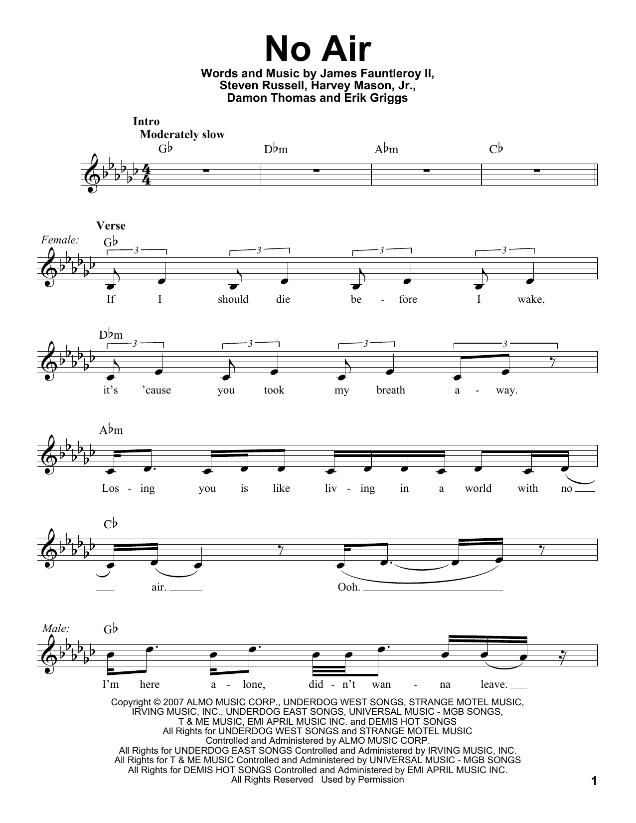 Glee Cast No Air Sheet Music Notes & Chords for Piano, Vocal & Guitar (Right-Hand Melody) - Download or Print PDF