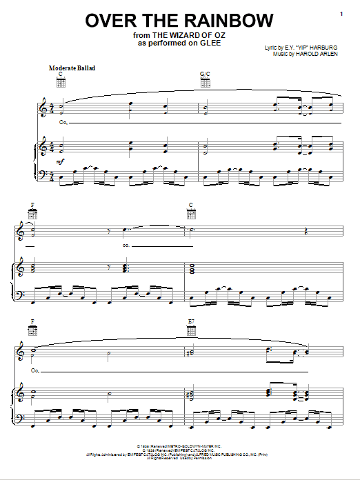 Glee Cast Over The Rainbow Sheet Music Notes & Chords for Piano, Vocal & Guitar (Right-Hand Melody) - Download or Print PDF