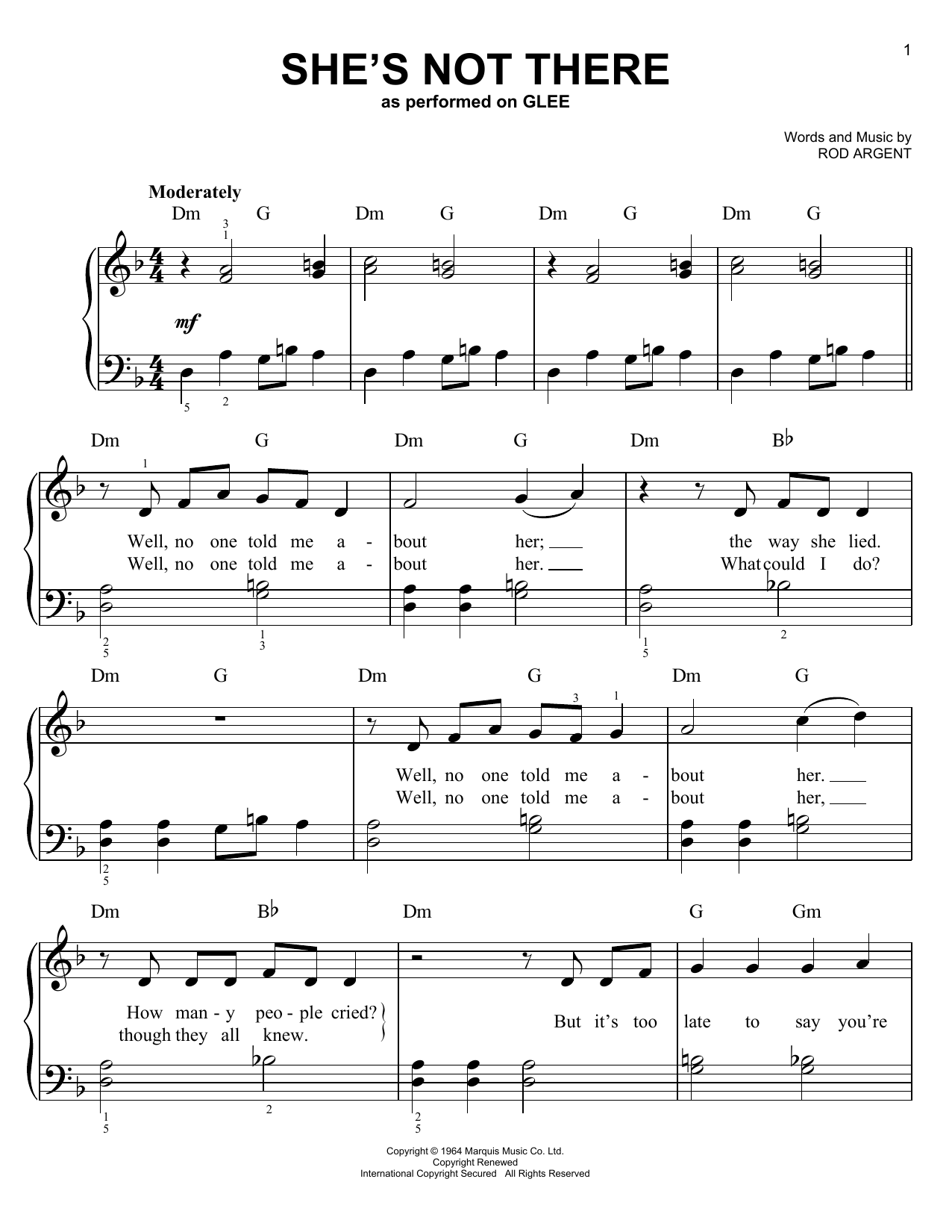Glee Cast She's Not There Sheet Music Notes & Chords for Piano, Vocal & Guitar (Right-Hand Melody) - Download or Print PDF