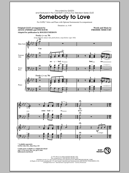 Glee Cast Somebody To Love (arr. Roger Emerson) Sheet Music Notes & Chords for SATB - Download or Print PDF