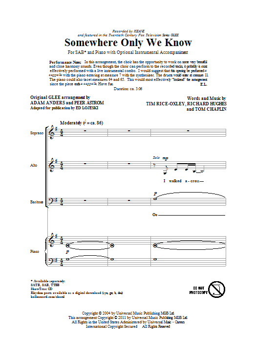 Glee Cast Somewhere Only We Know (arr. Ed Lojeski) Sheet Music Notes & Chords for SAB - Download or Print PDF