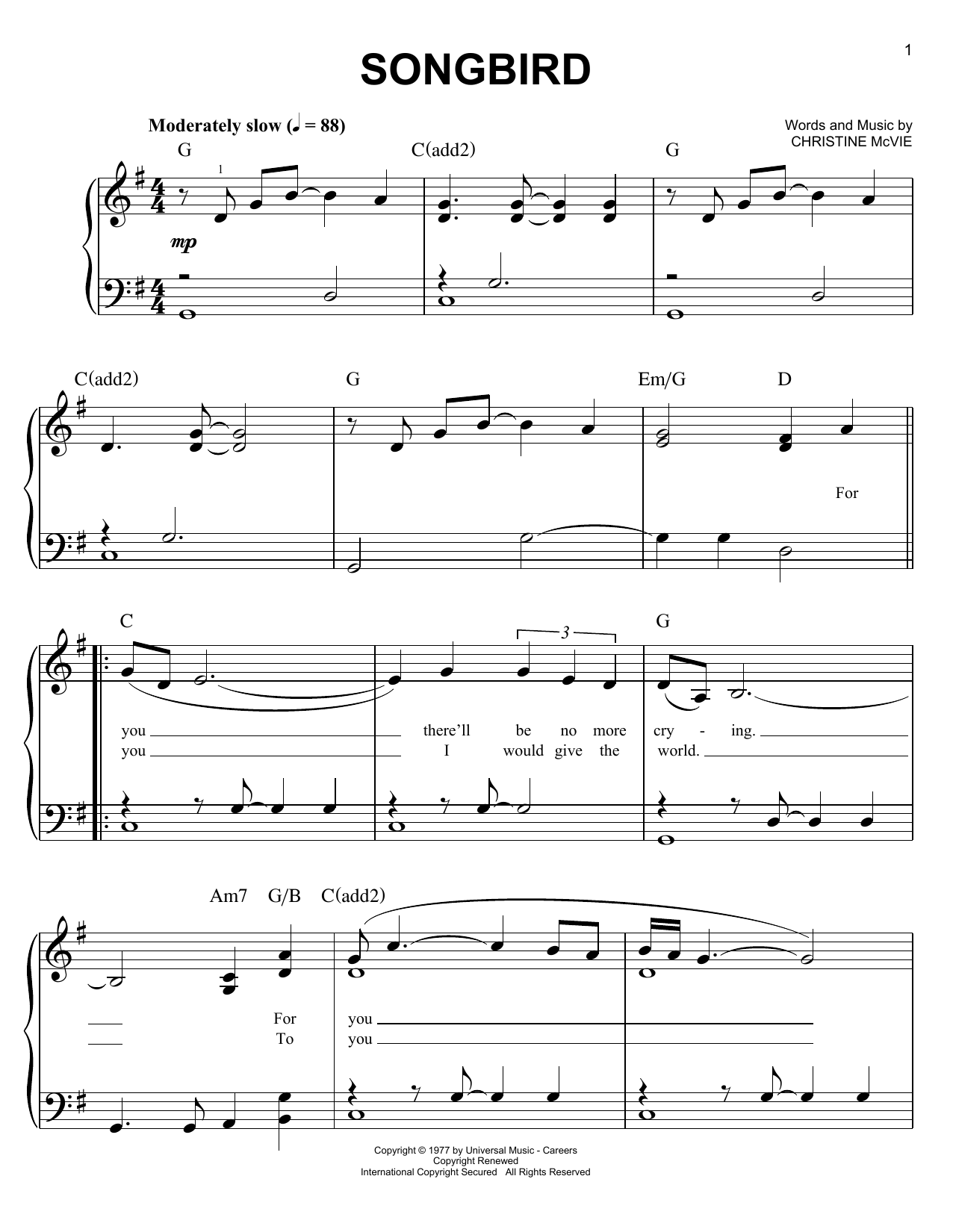 Glee Cast Songbird Sheet Music Notes & Chords for Piano, Vocal & Guitar (Right-Hand Melody) - Download or Print PDF