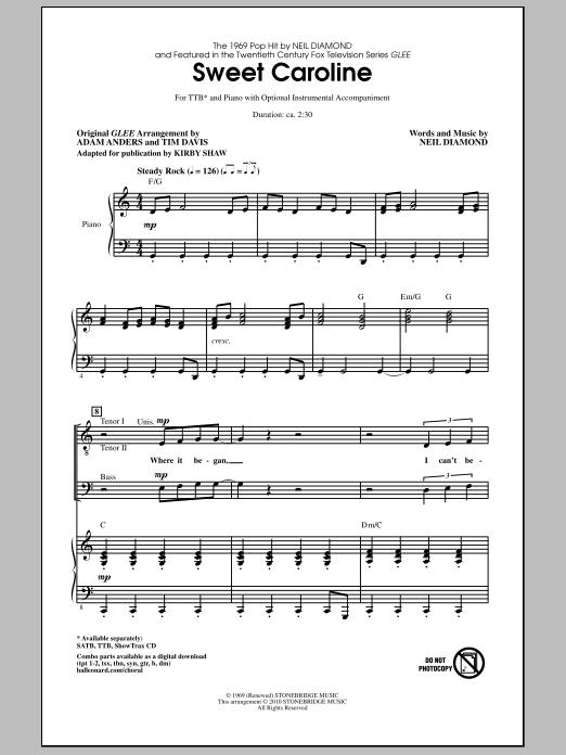 Glee Cast Sweet Caroline (Ed. Kirby Shaw) Sheet Music Notes & Chords for TTBB - Download or Print PDF