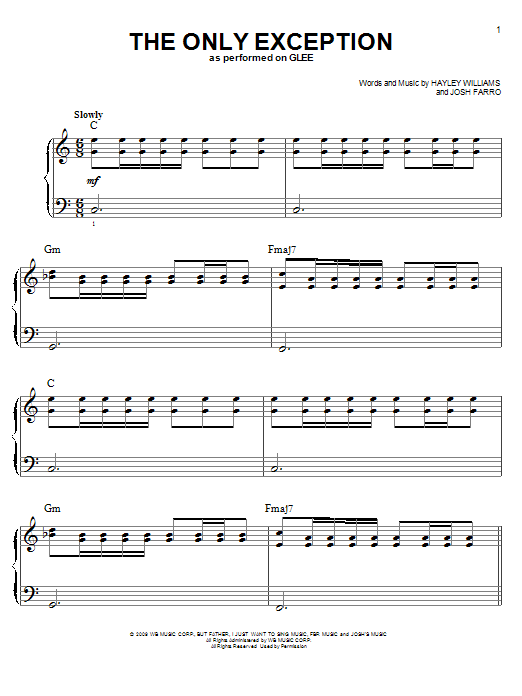 Glee Cast The Only Exception Sheet Music Notes & Chords for Easy Piano - Download or Print PDF