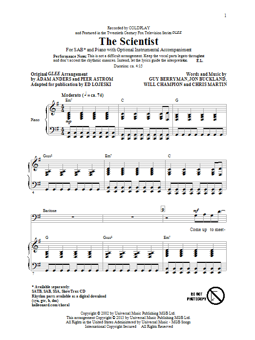 Coldplay The Scientist (arr. Ed Lojeski) Sheet Music Notes & Chords for SSA - Download or Print PDF