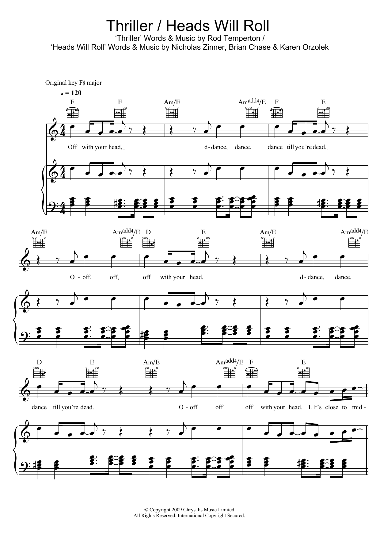 Glee Cast Thriller/Heads Will Roll Sheet Music Notes & Chords for Piano, Vocal & Guitar (Right-Hand Melody) - Download or Print PDF