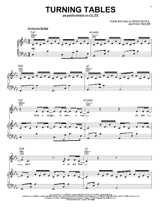 Glee Cast Turning Tables Sheet Music Notes & Chords for Piano, Vocal & Guitar (Right-Hand Melody) - Download or Print PDF