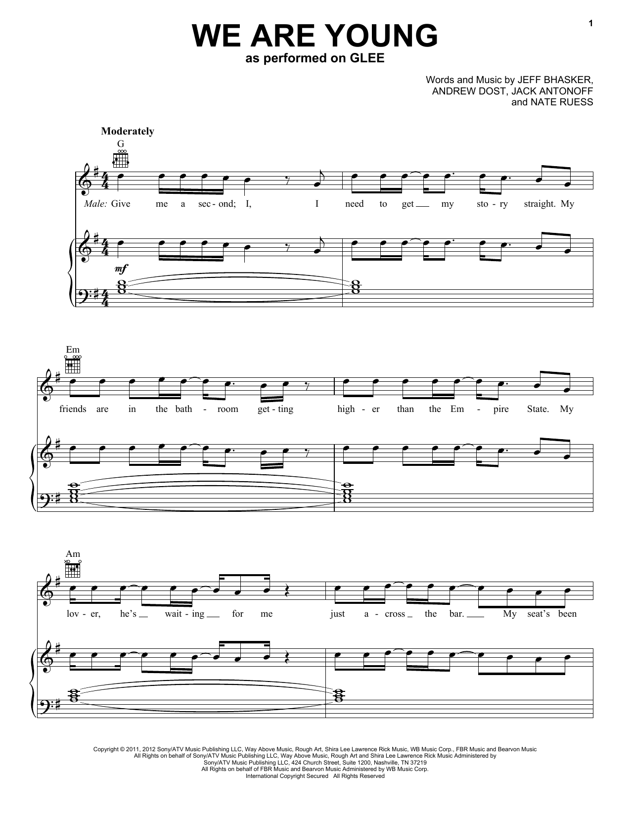 Glee Cast We Are Young Sheet Music Notes & Chords for Piano, Vocal & Guitar (Right-Hand Melody) - Download or Print PDF