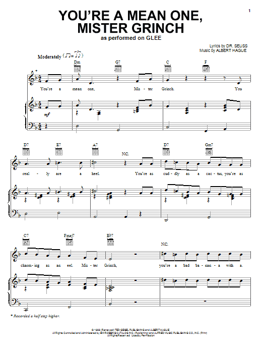 Glee Cast You're A Mean One, Mr. Grinch Sheet Music Notes & Chords for Easy Piano - Download or Print PDF