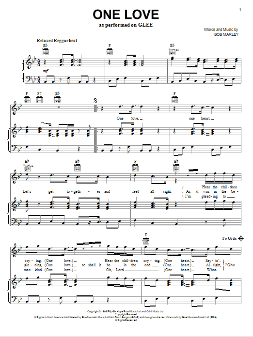 Preview Glee Cast One Love Religious sheet music, notes and chords for Piano, Vocal & Guitar (Right-Hand Melody), SKU: 80495 One Love sheet music