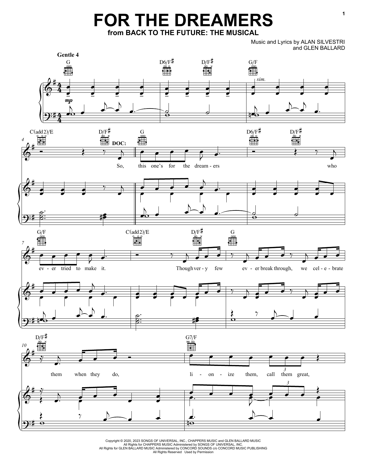 Glen Ballard and Alan Silvestri For The Dreamers (from Back To The Future: The Musical) Sheet Music Notes & Chords for Piano, Vocal & Guitar Chords (Right-Hand Melody) - Download or Print PDF