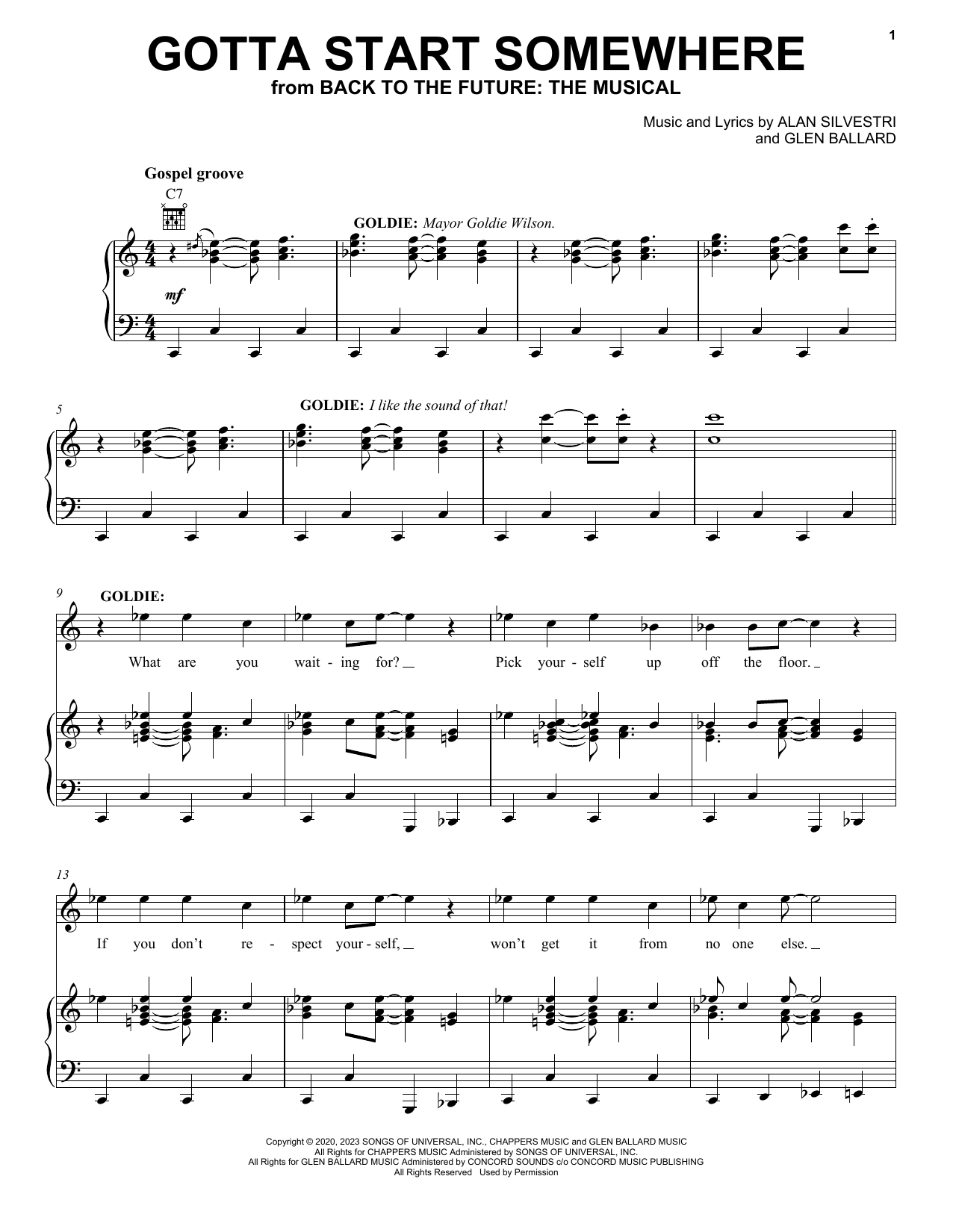 Glen Ballard and Alan Silvestri Gotta Start Somewhere (from Back To The Future: The Musical) Sheet Music Notes & Chords for Piano, Vocal & Guitar Chords (Right-Hand Melody) - Download or Print PDF