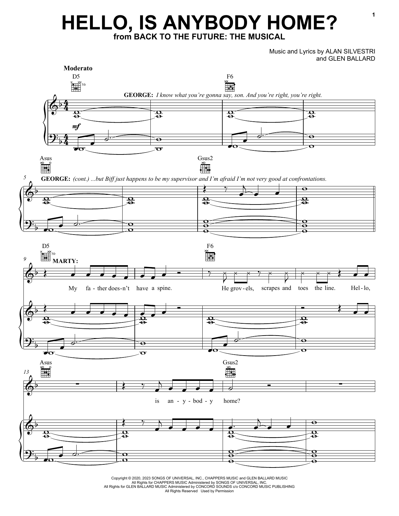 Glen Ballard and Alan Silvestri Hello, Is Anybody Home? (from Back To The Future: The Musical) Sheet Music Notes & Chords for Piano, Vocal & Guitar Chords (Right-Hand Melody) - Download or Print PDF