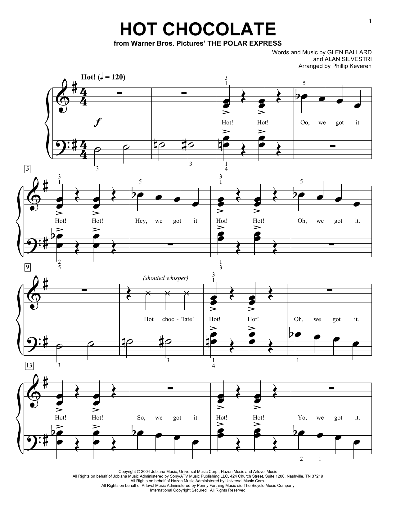 Glen Ballard and Alan Silvestri Hot Chocolate (from The Polar Express) (arr. Phillip Keveren) Sheet Music Notes & Chords for Big Note Piano - Download or Print PDF