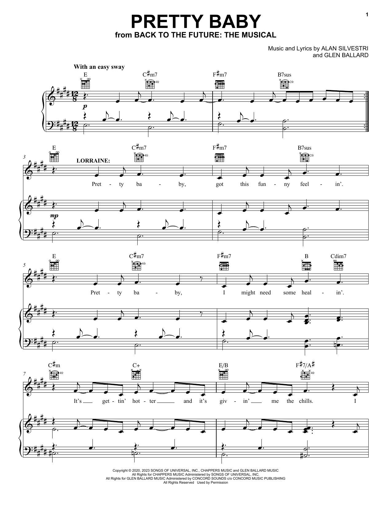 Glen Ballard and Alan Silvestri Pretty Baby (from Back To The Future: The Musical) Sheet Music Notes & Chords for Piano, Vocal & Guitar Chords (Right-Hand Melody) - Download or Print PDF