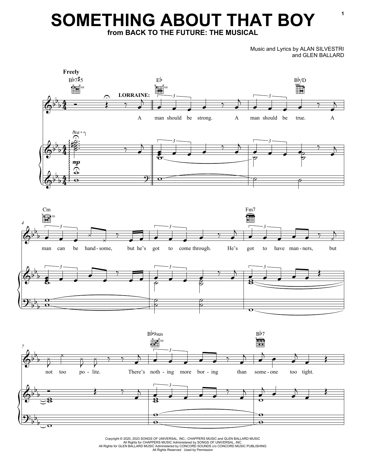 Glen Ballard and Alan Silvestri Something About That Boy (from Back To The Future: The Musical) Sheet Music Notes & Chords for Piano, Vocal & Guitar Chords (Right-Hand Melody) - Download or Print PDF