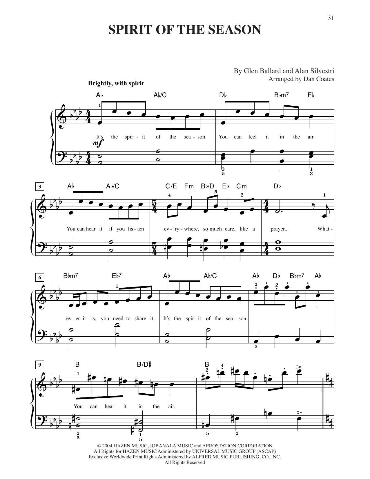 Glen Ballard and Alan Silvestri Spirit Of The Season (from The Polar Express) (arr. Dan Coates) Sheet Music Notes & Chords for Easy Piano - Download or Print PDF
