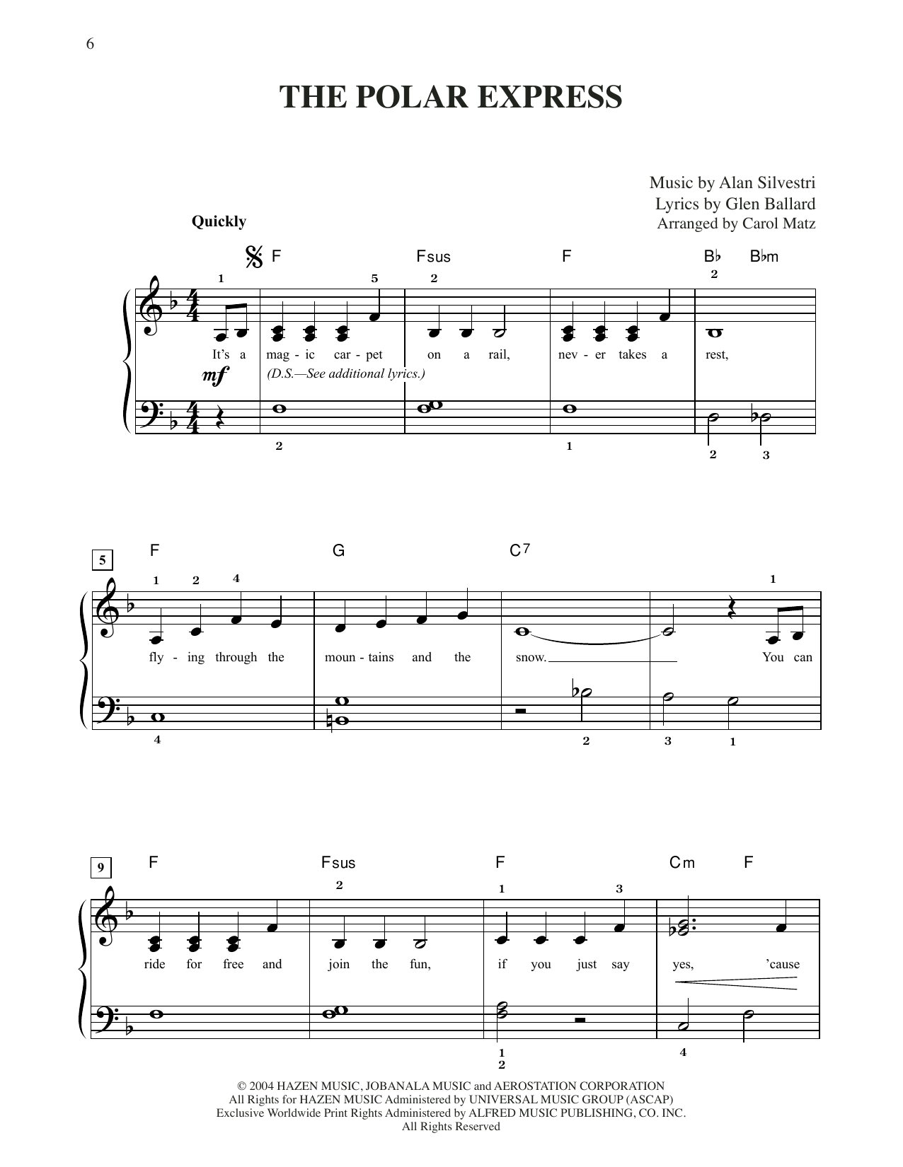 Glen Ballard and Alan Silvestri The Polar Express (arr. Carol Matz) Sheet Music Notes & Chords for Big Note Piano - Download or Print PDF