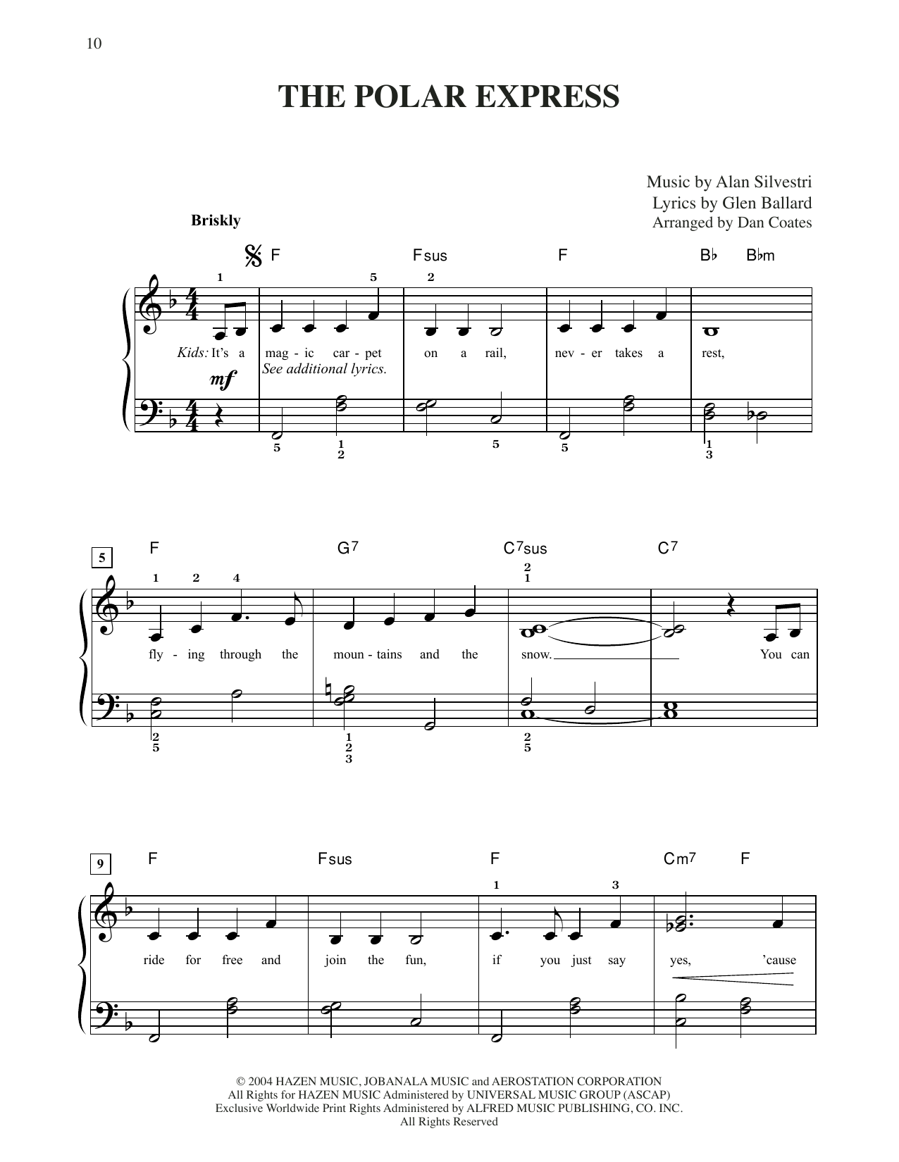 Glen Ballard and Alan Silvestri The Polar Express (arr. Dan Coates) Sheet Music Notes & Chords for Easy Piano - Download or Print PDF