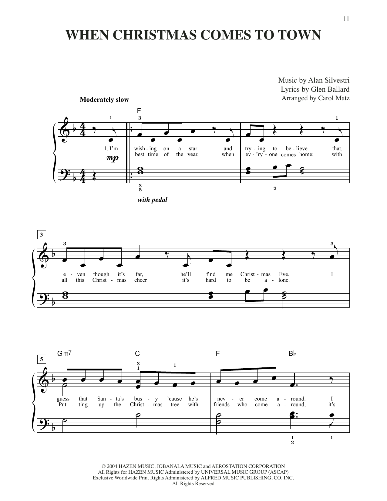Glen Ballard and Alan Silvestri When Christmas Comes To Town (from The Polar Express) (arr. Carol Matz) Sheet Music Notes & Chords for Big Note Piano - Download or Print PDF