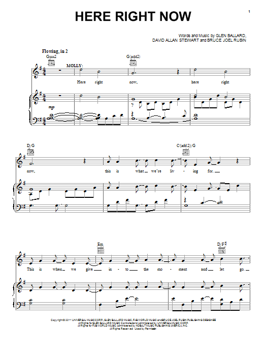 Glen Ballard Here Right Now Sheet Music Notes & Chords for Piano, Vocal & Guitar (Right-Hand Melody) - Download or Print PDF