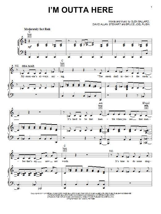 Glen Ballard I'm Outta Here Sheet Music Notes & Chords for Piano, Vocal & Guitar (Right-Hand Melody) - Download or Print PDF