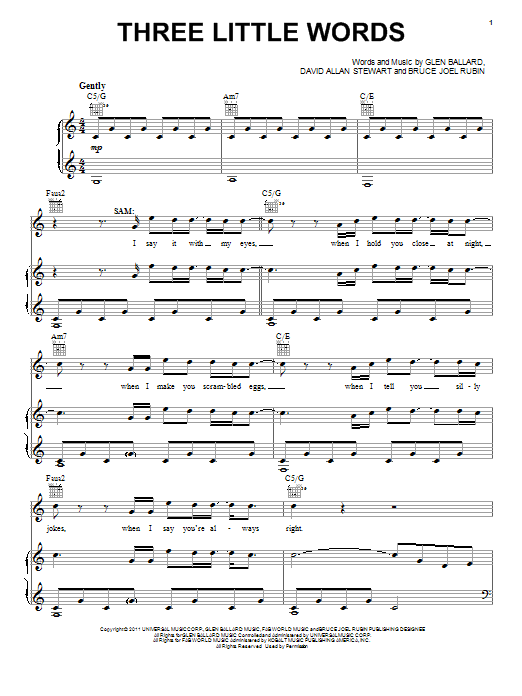 Glen Ballard Three Little Words Sheet Music Notes & Chords for Piano, Vocal & Guitar (Right-Hand Melody) - Download or Print PDF