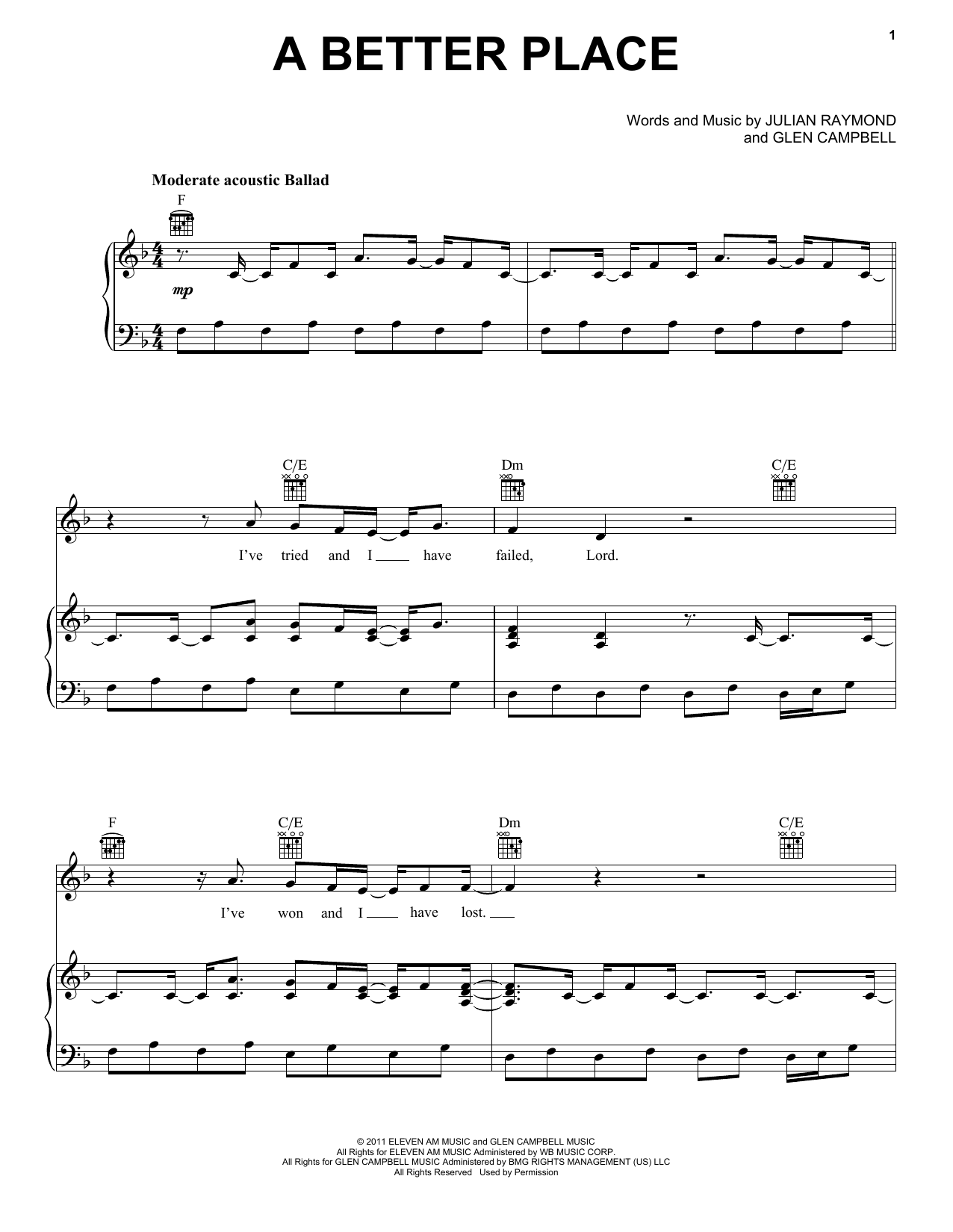 Glen Campbell A Better Place Sheet Music Notes & Chords for Piano, Vocal & Guitar (Right-Hand Melody) - Download or Print PDF