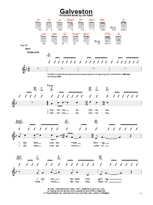Glen Campbell Galveston Sheet Music Notes & Chords for Guitar with strumming patterns - Download or Print PDF