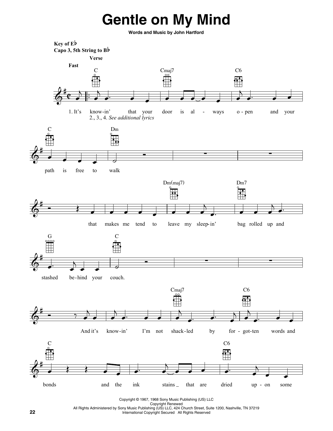 Glen Campbell Gentle On My Mind (arr. Fred Sokolow) Sheet Music Notes & Chords for Banjo Tab - Download or Print PDF