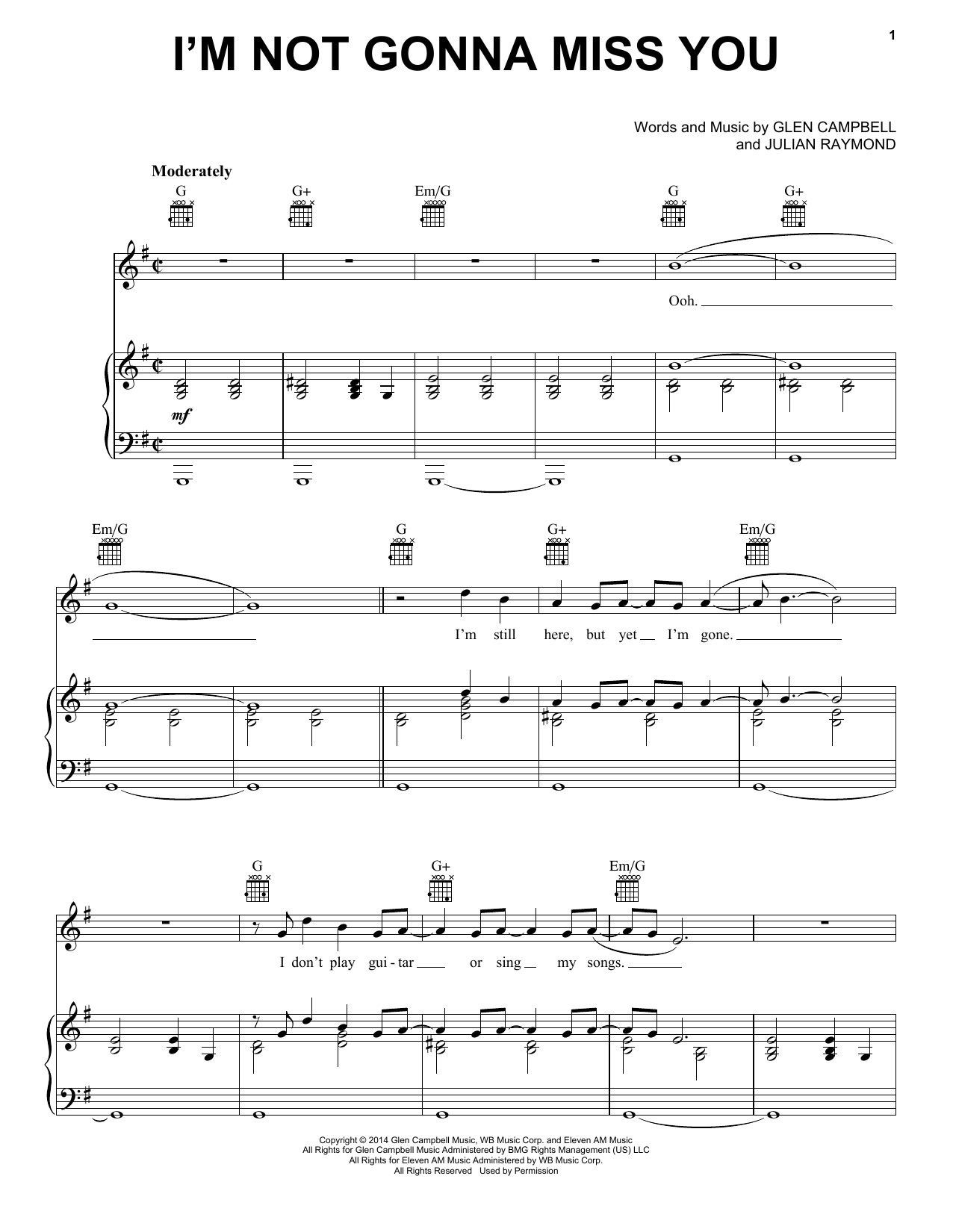 Glen Campbell I'm Not Gonna Miss You Sheet Music Notes & Chords for Piano, Vocal & Guitar (Right-Hand Melody) - Download or Print PDF Glen Campbell I'm Not Gonna Miss You Sheet Music Notes & Chords for Piano, Vocal & Guitar (Right-Hand Melody) - Download or Print PDF