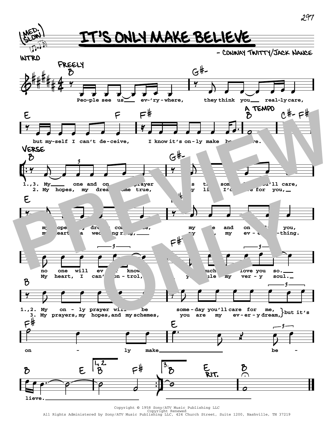 Glen Campbell It's Only Make Believe Sheet Music Notes & Chords for Real Book – Melody, Lyrics & Chords - Download or Print PDF
