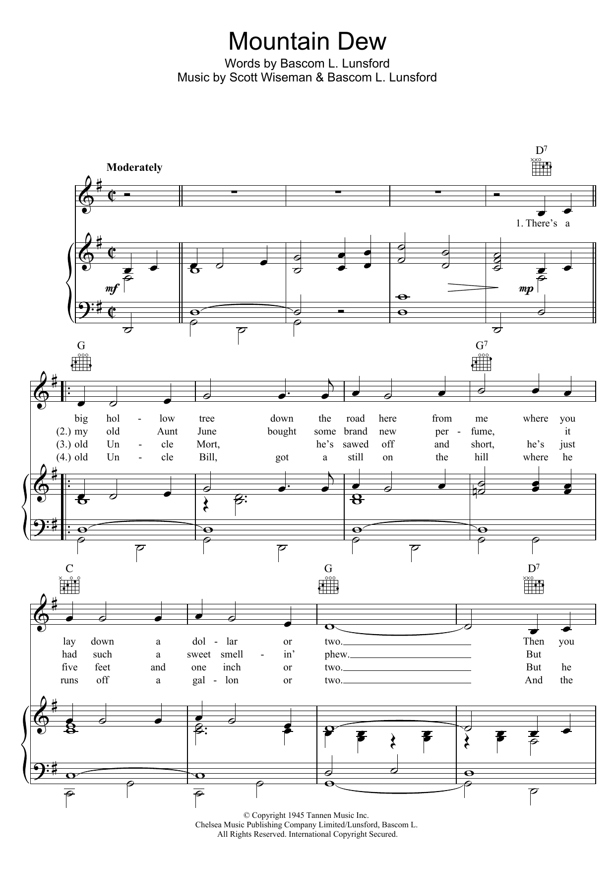 Glen Campbell Mountain Dew Sheet Music Notes & Chords for Piano, Vocal & Guitar (Right-Hand Melody) - Download or Print PDF
