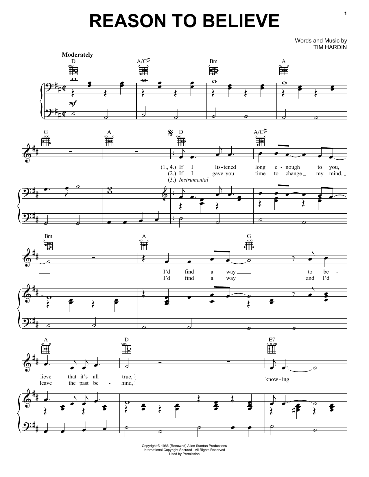 Glen Campbell Reason To Believe Sheet Music Notes & Chords for Piano, Vocal & Guitar (Right-Hand Melody) - Download or Print PDF