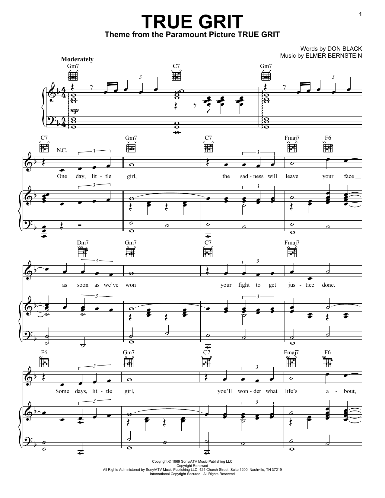 Glen Campbell True Grit Sheet Music Notes & Chords for Piano, Vocal & Guitar (Right-Hand Melody) - Download or Print PDF