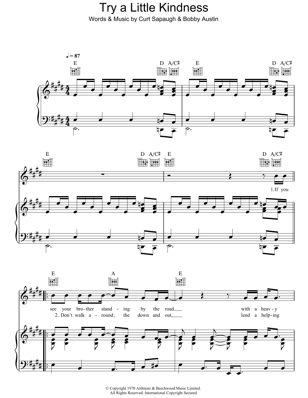 Glen Campbell Try A Little Kindness Sheet Music Notes & Chords for Piano, Vocal & Guitar (Right-Hand Melody) - Download or Print PDF