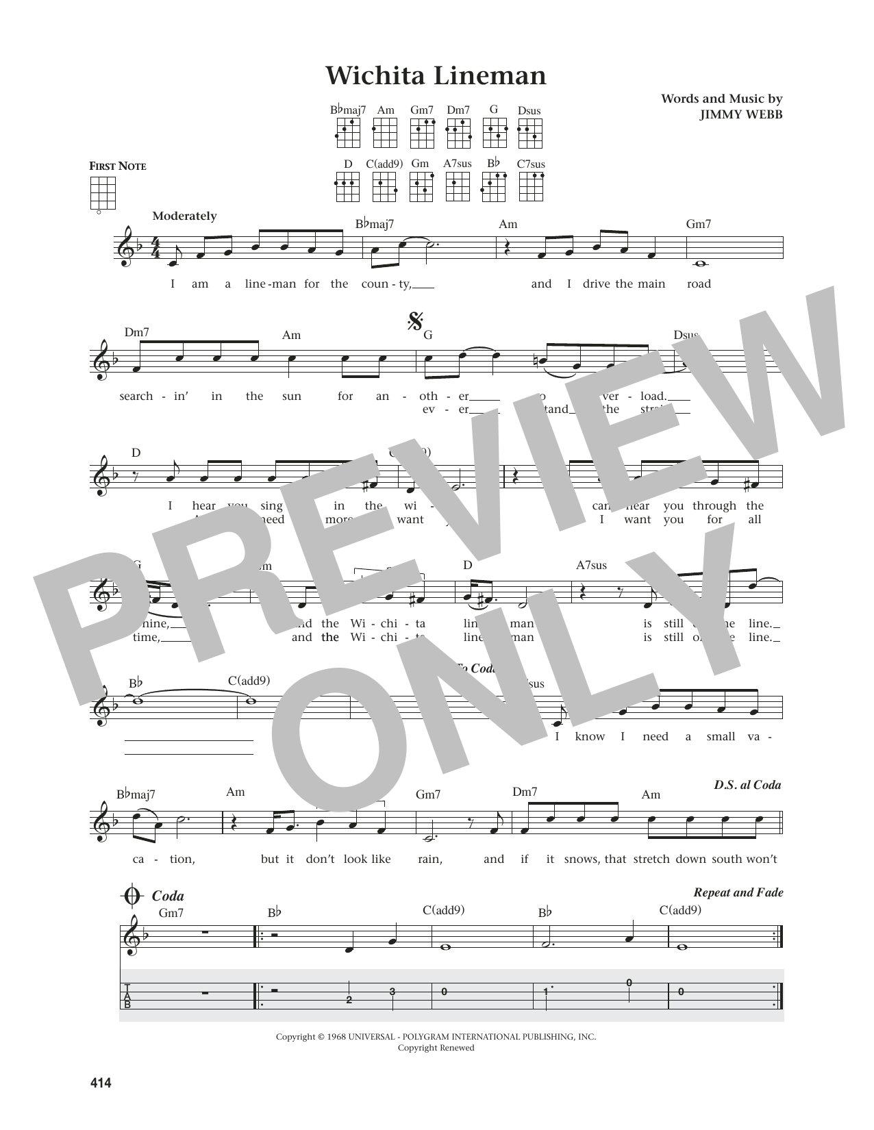 Glen Campbell Wichita Lineman (from The Daily Ukulele) (arr. Jim Beloff) Sheet Music Notes & Chords for Ukulele - Download or Print PDF