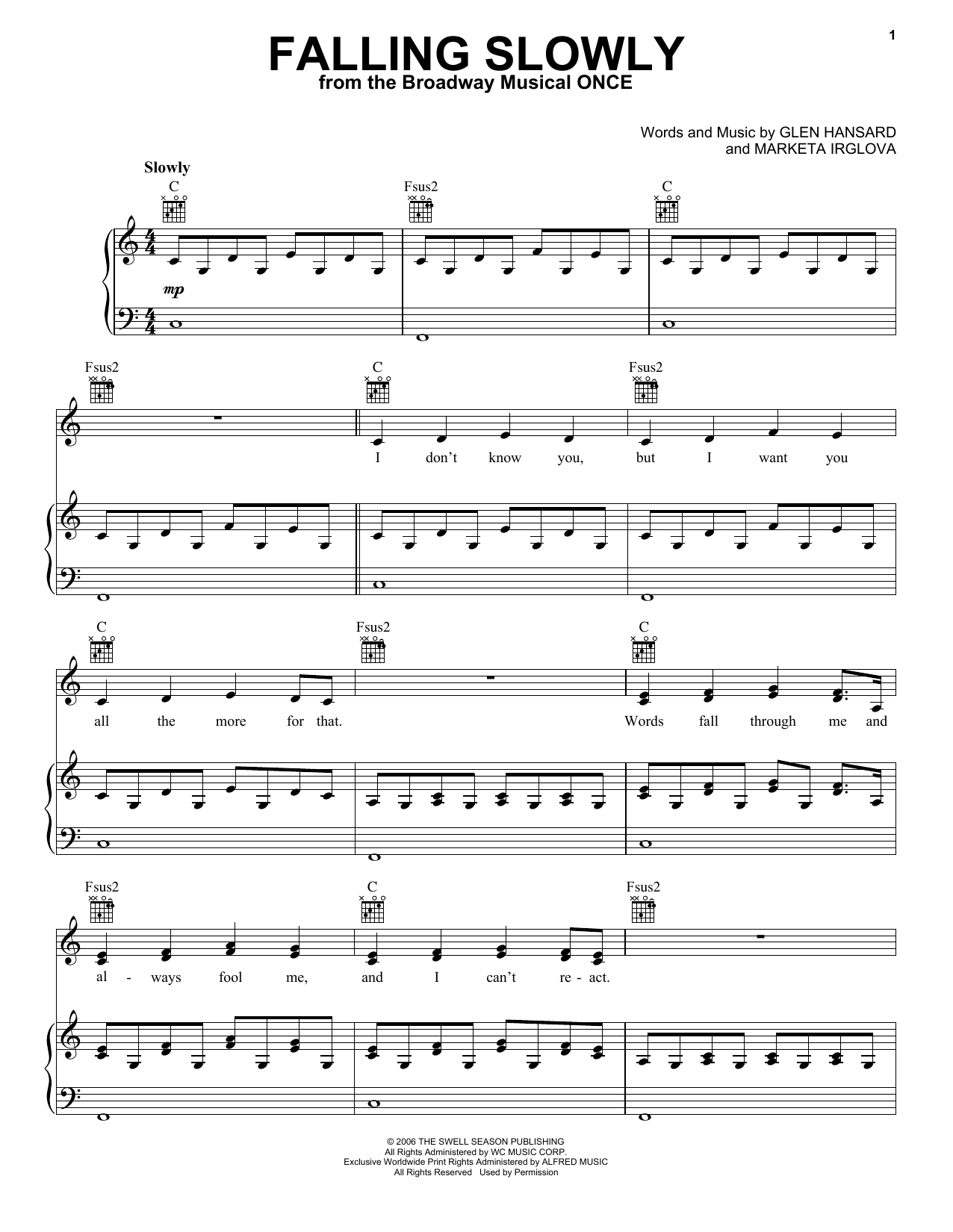 Glen Hansard & Marketa Irglova Falling Slowly (from the musical Once) Sheet Music Notes & Chords for Melody Line, Lyrics & Chords - Download or Print PDF