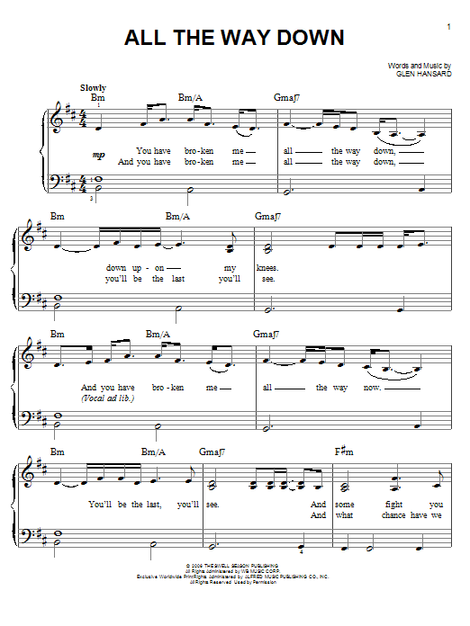 Glen Hansard All The Way Down Sheet Music Notes & Chords for Easy Piano - Download or Print PDF
